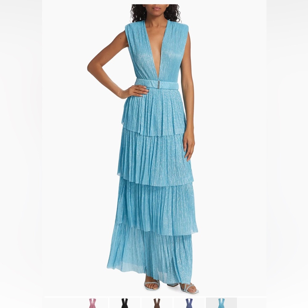 Sabina Musayev Skylar Metallic Tiered Belted Maxi Gown Marine Blue Size S